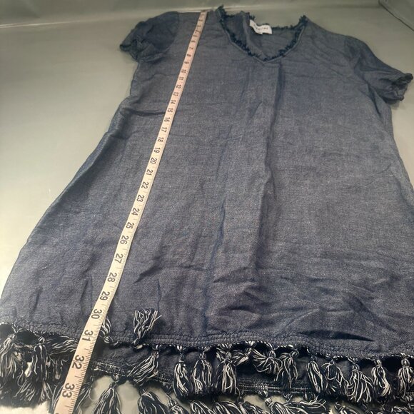 Highline Collective Denim Mini Dress Fringe Tassel Womens Short Sleeve Chambray - Picture 9 of 13